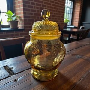 Indiana Glass apothecary jar, pebbled, amber, lid seals tightly, mid-century